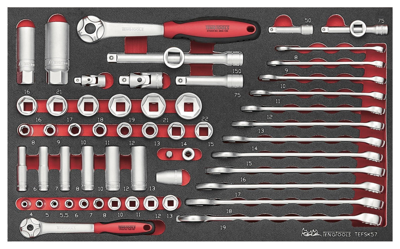 Teng Tools 118 Piece Screwdriver, Plier, Hammer, Socketry & Wrench Service Case Foam Organization Tool Kit - SCE1