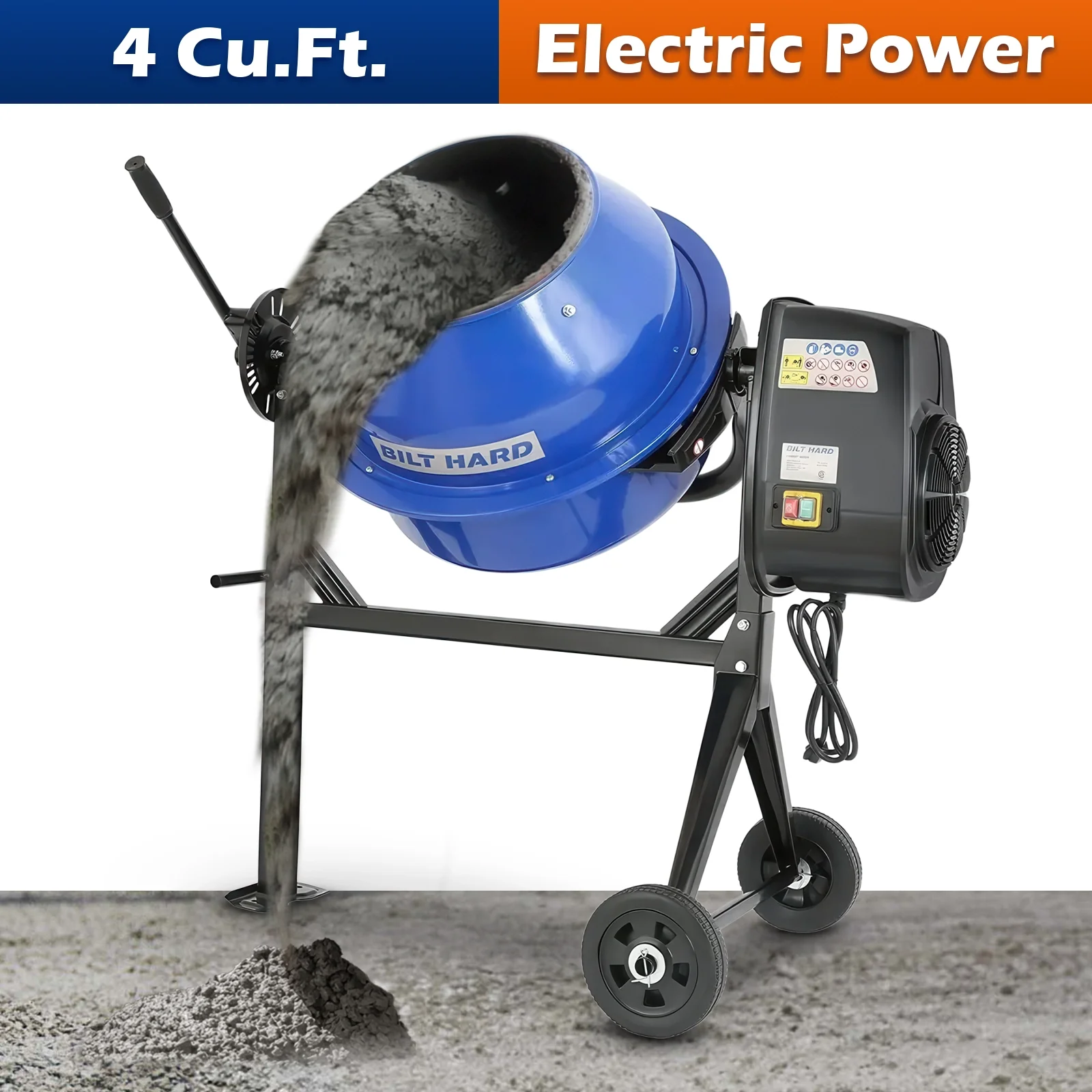 BILT HARD Electric Cement Mixer, 4 Cubic Ft. Portable Concrete Mixer Machine, Wheelbarrow Cement Mixing Tools for Stucco