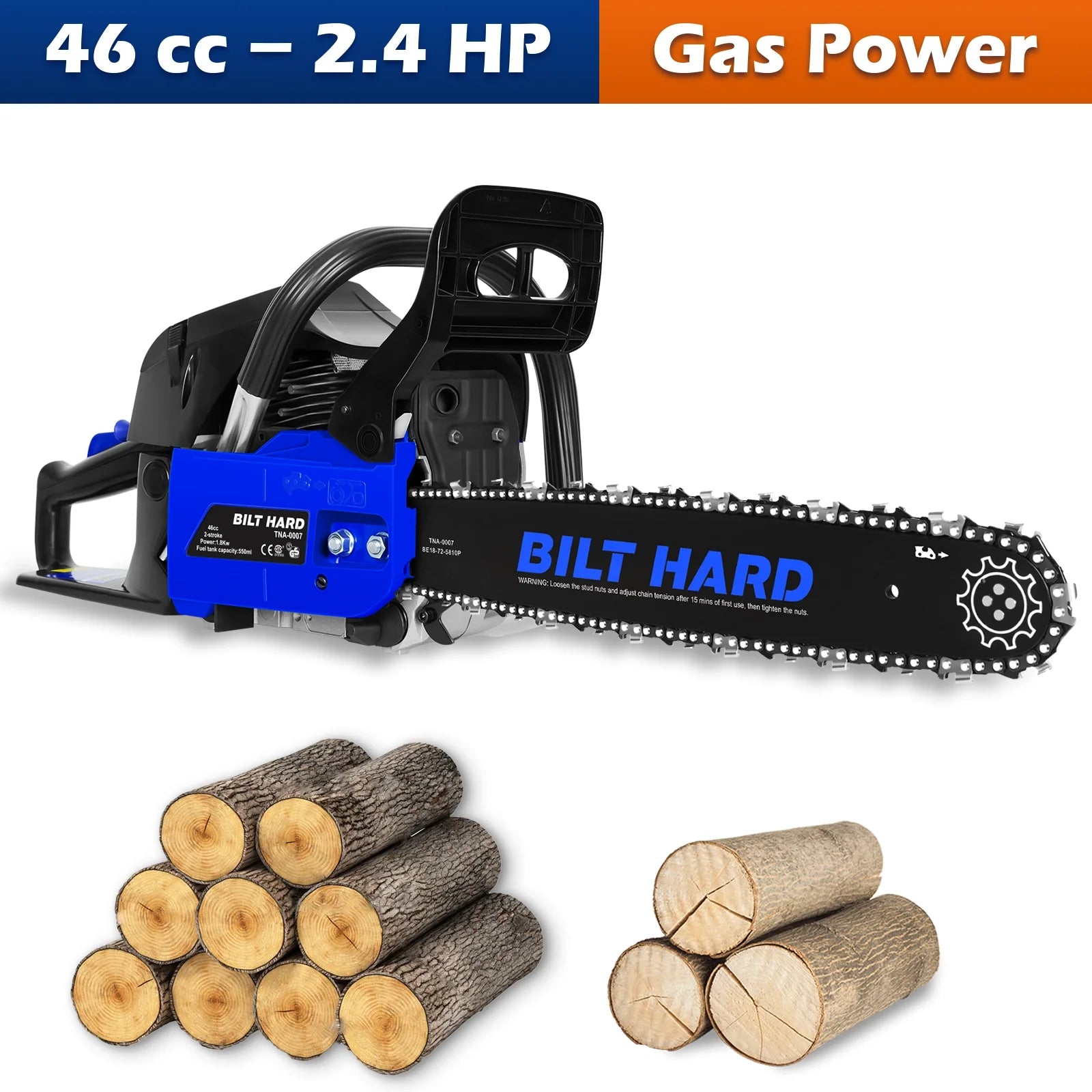 BILT HARD 18 Inch Gas Chainsaw, 46cc 2.4 HP Gas Power Chain Saw with Automatic Oiler, 2-Cycle Engine, Petrol Handheld Gasoline Chainsaws for Wood Cutting, EPA Certified