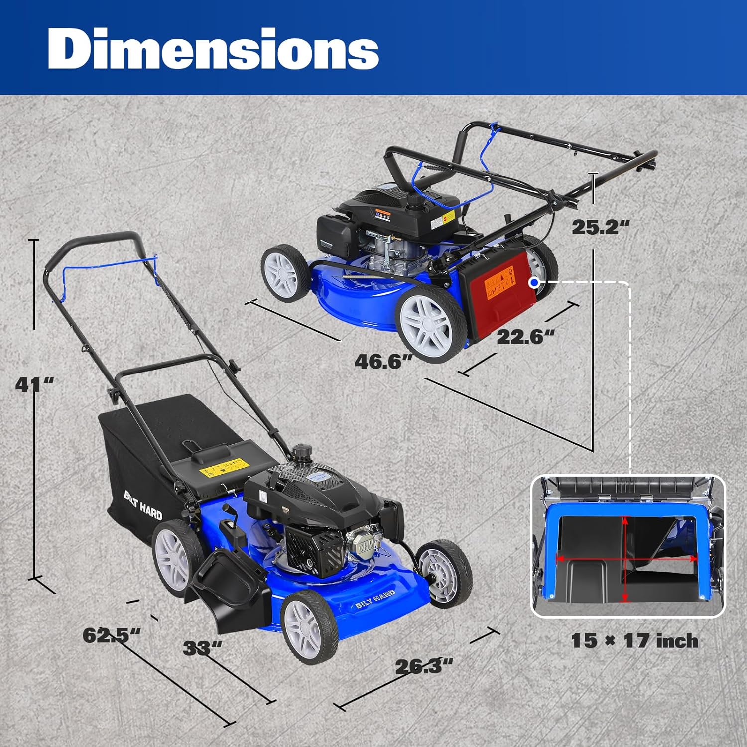 BILT HARD 201cc Push Lawn Mower, 3-in-1 Gas Lawnmower 21 Inch with 4-Cycle Engine, Bagging, Mulching and Side Discharge, Adjustable 10-Positions Cutting Height, Easy Start