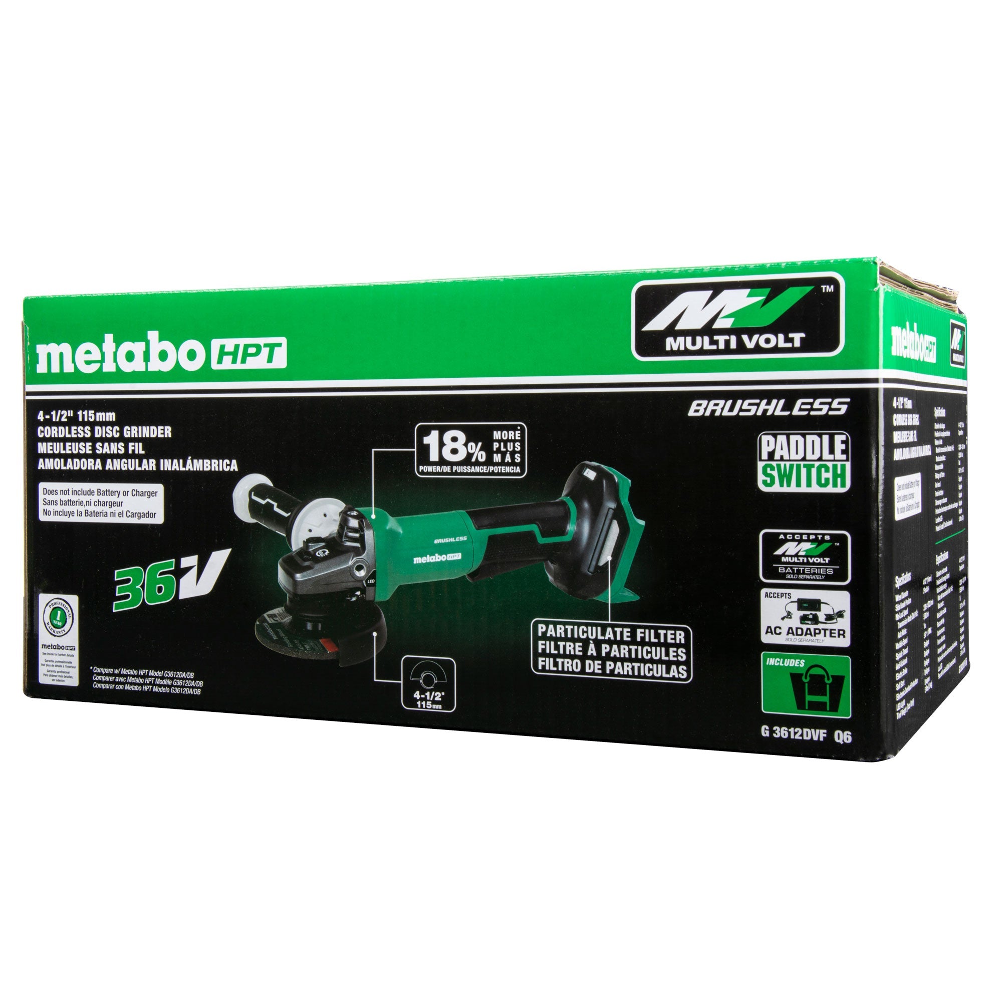 Metabo HPT G3612DVFQ6M 36V MultiVolt 4-1/2" Variable Speed Paddle Switch Angle Grinder