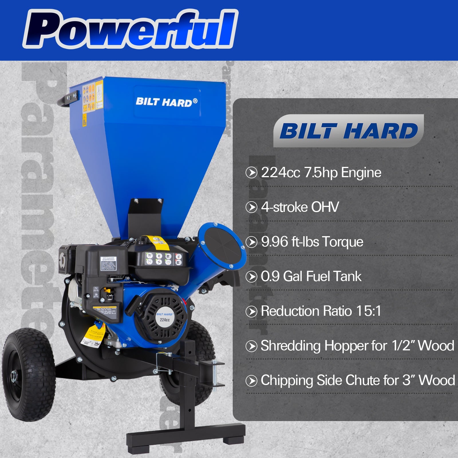 BILT HARD Wood Chipper - 7.5 HP 224cc Gas Powered Shredder Mulcher, 3 in 1 Multi-Function Heavy Duty, 3" Max Wood Diameter Capacity with Collection Bag