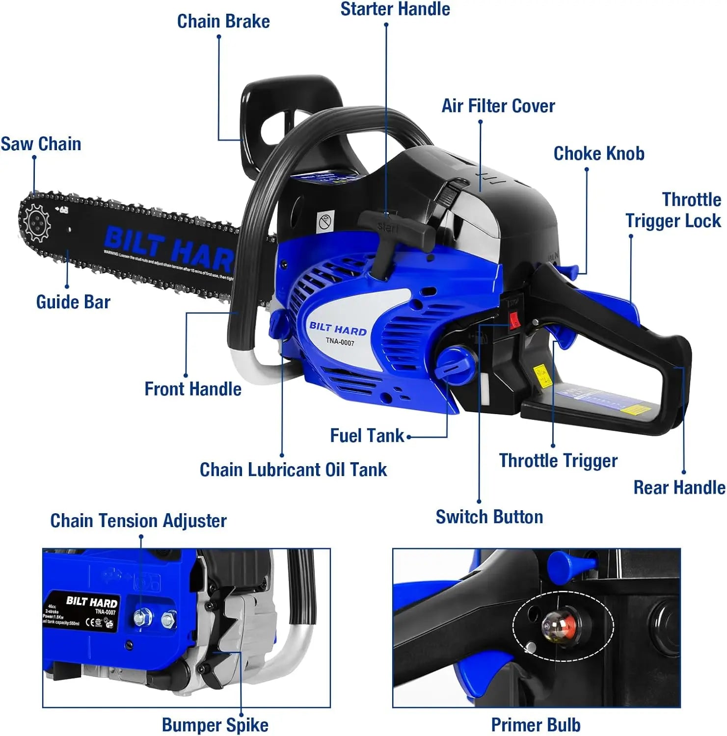 BILT HARD 18 Inch Gas Chainsaw, 46cc 2.4 HP Gas Power Chain Saw with Automatic Oiler, 2-Cycle Engine, Petrol Handheld Gasoline Chainsaws for Wood Cutting, EPA Certified