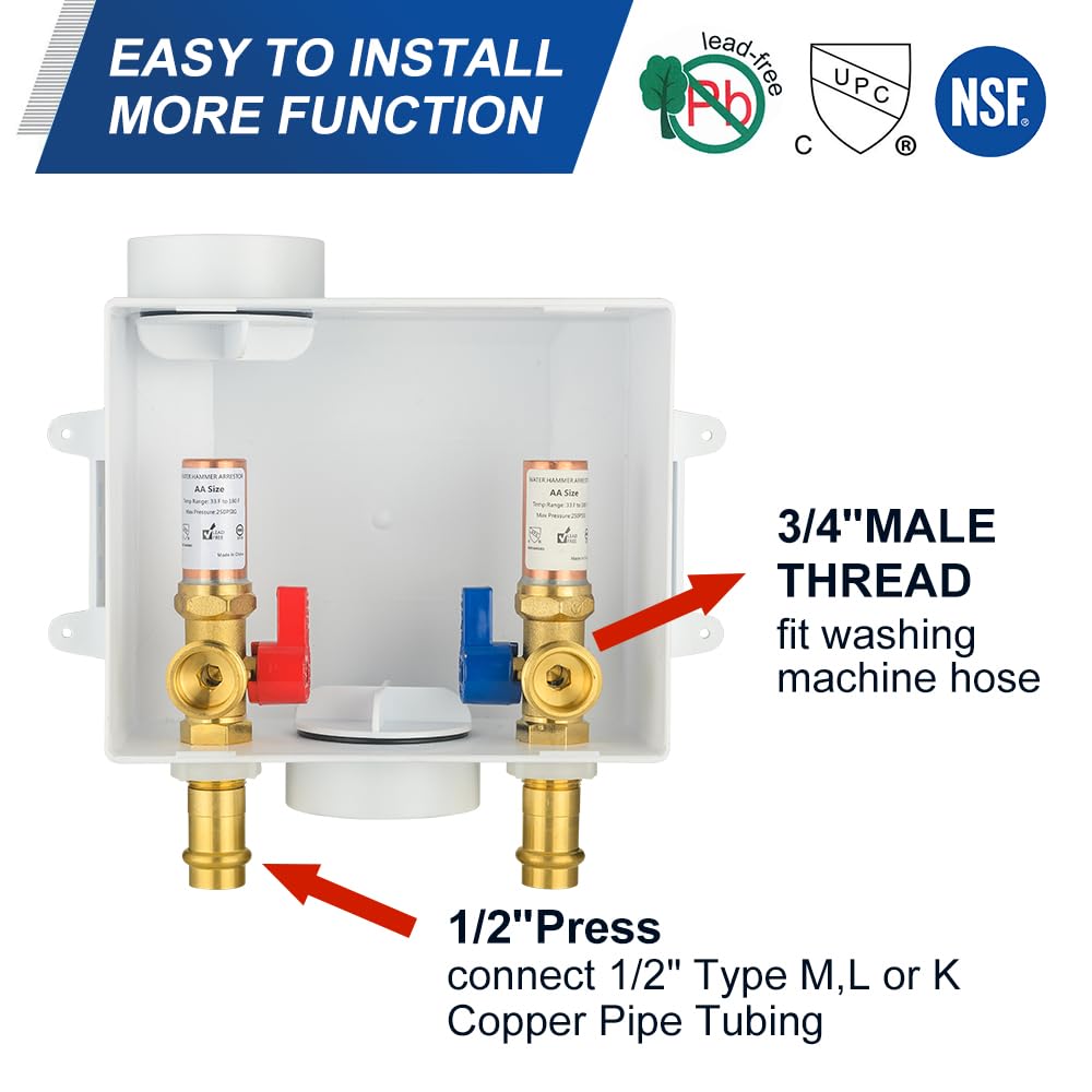 10 Pcs 1/2" Copper Press Inlet, Washing Machine Outlet Box, with Copper Water Hammer Arrestor, Center Drain