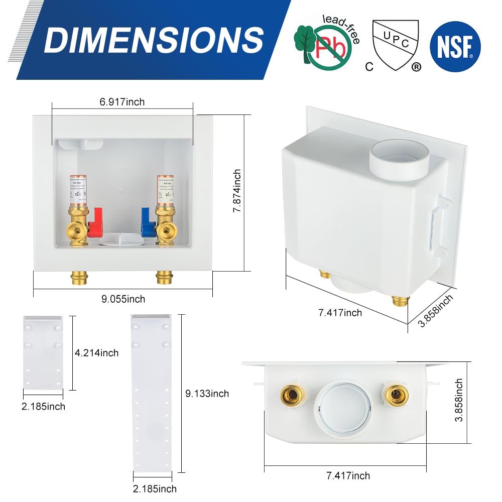 10 Pcs 1/2" Copper Press Inlet, Washing Machine Outlet Box, with Copper Water Hammer Arrestor, Center Drain