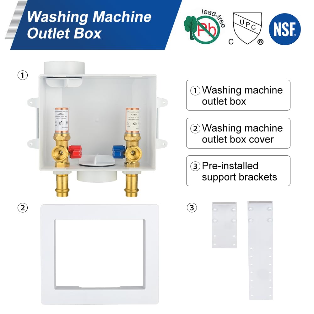 10 Pcs 1/2" Copper Press Inlet, Washing Machine Outlet Box, with Copper Water Hammer Arrestor, Center Drain