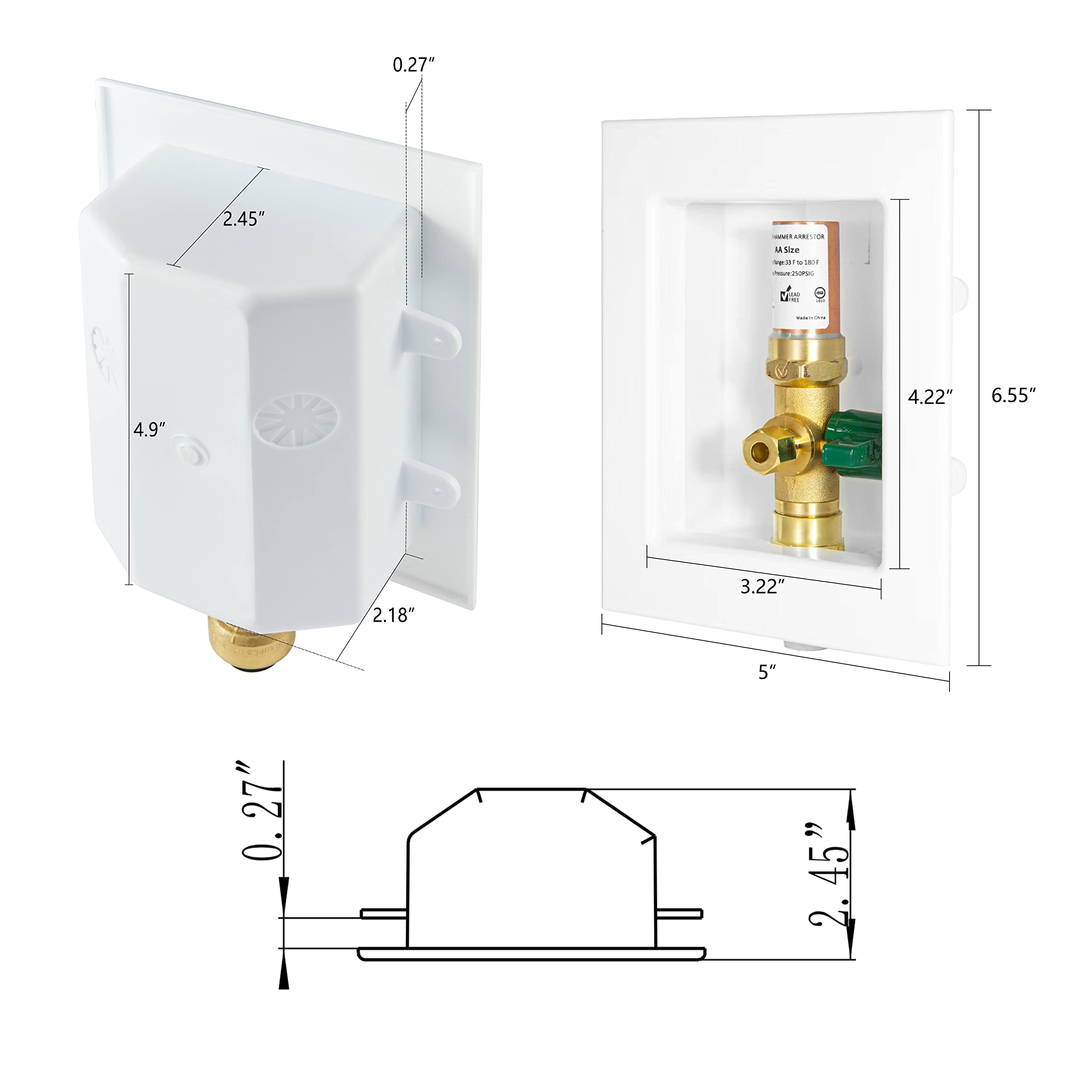 10 Pcs 1/2" Sweat Inlet, Ice Maker Outlet Box, with Copper Water Hammer Arrestor