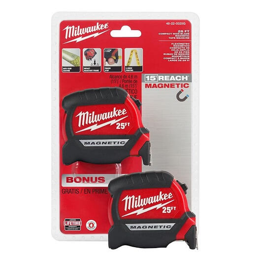 Milwaukee 48-22-0325G 25ft Compact Wide Blade Magnetic Tape Measure 2-Pack