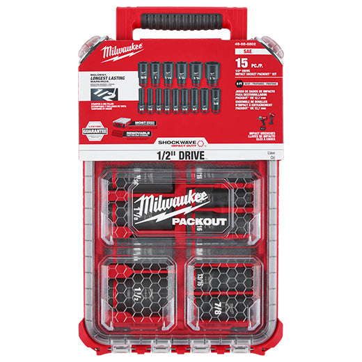 Milwaukee 49-66-6802 SHOCKWAVE Impact Duty™ Socket 1/2” Dr 15PC SAE PACKOUT Set