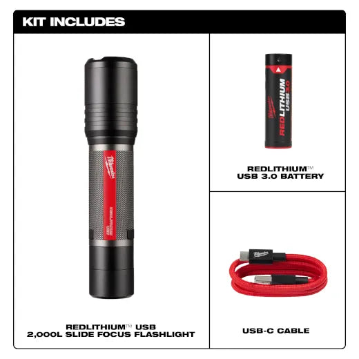 Milwaukee 2162-21 REDLITHIUM USB 2,000L Slide Focus Flashlight