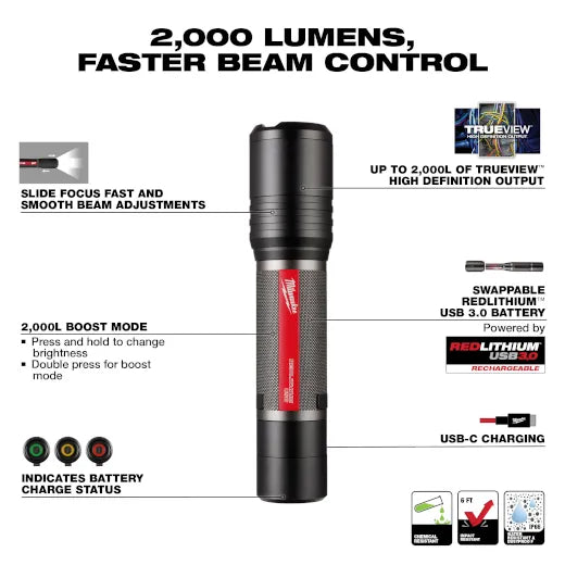 Milwaukee 2162-21 REDLITHIUM USB 2,000L Slide Focus Flashlight