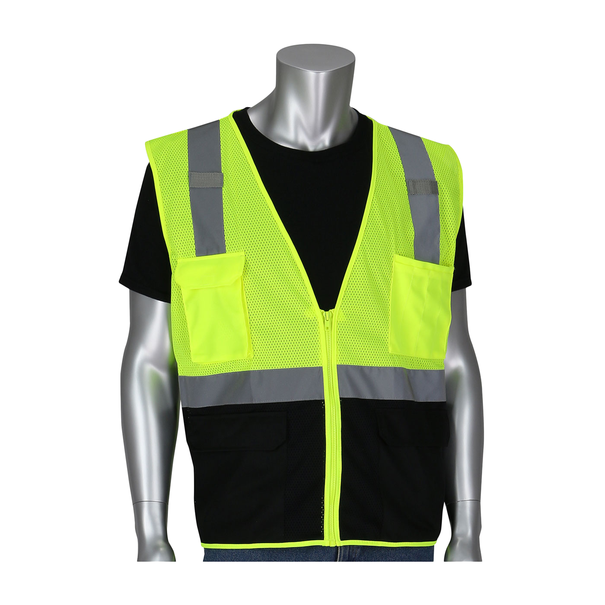 PIP Ansi Type R Class 2 Lime Hi-Vis 5 Pocket Mesh Vest With Black Bottom Front