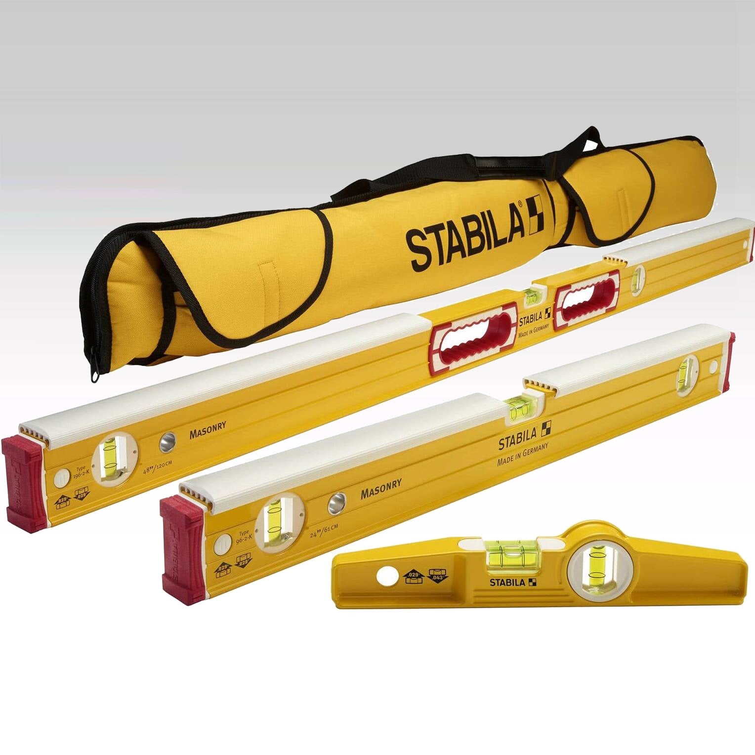 Stabila 48296 Mason 3 Spirit Level Set - 24 inch 48 inch 10 inch Torpedo and Case