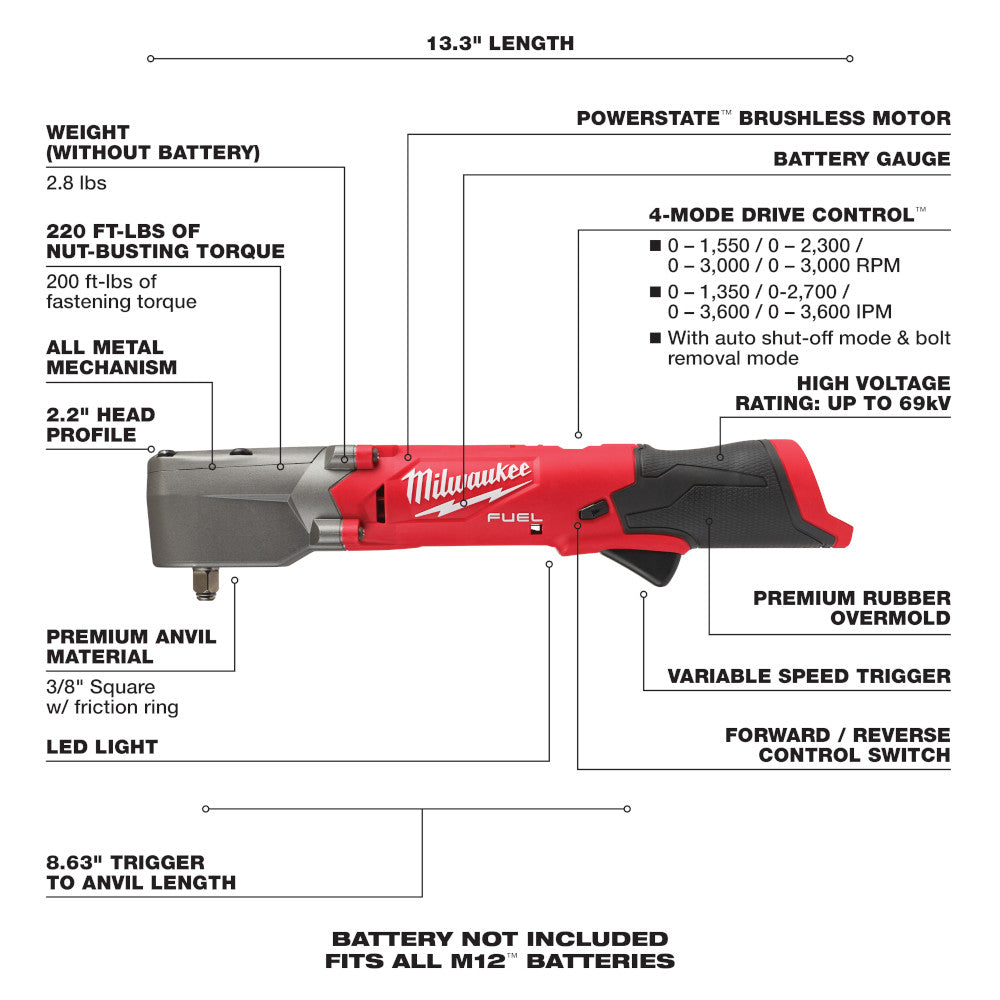 Milwaukee 2564-20 M12 FUEL™ 3/8" Right Angle Impact Wrench (Tool Only)