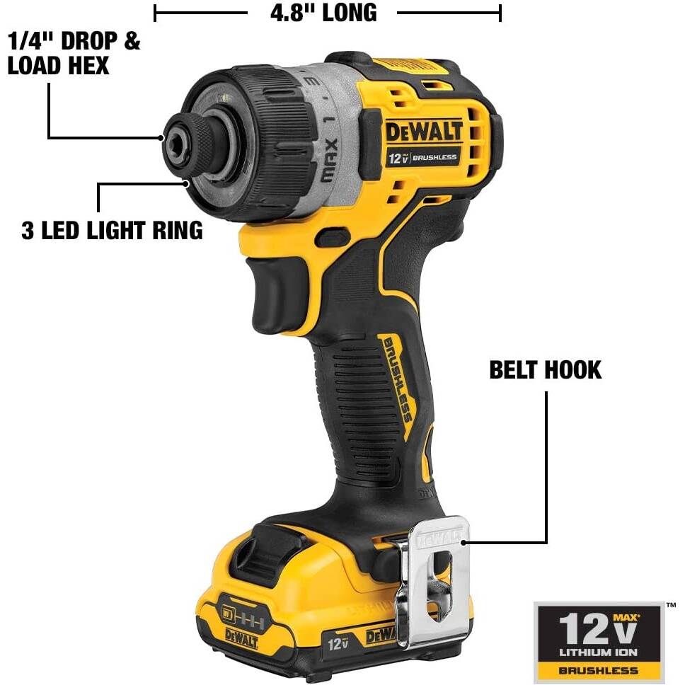 DEWALT DCF601F2 XTREME 12V MAX* Cordless Screwdriver, 1/4-Inch, 2-Ah Batteries